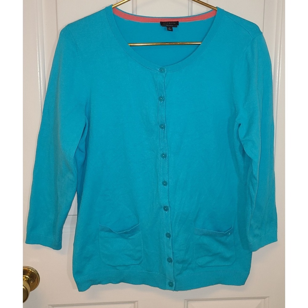 Talbots Women Button Cardigan Sweater Knit Sz M Blue Rayon PIMA COTTON Preppy